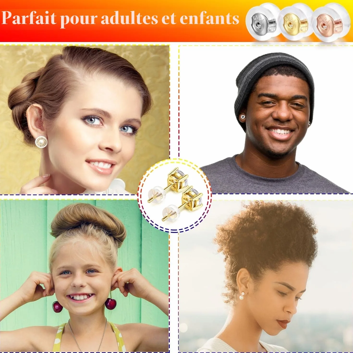 Boucles d'oreilles sécurisées en or 18 carats avec coussinets en silicone