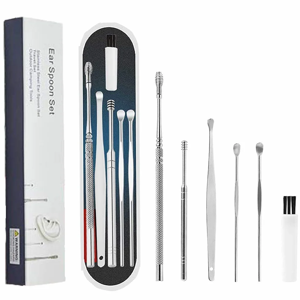Nettoyeur D'oreille, 6 Pcs Cuillère à Oreille en Acier Inoxydable, Kit de Nettoyeur D'oreilles