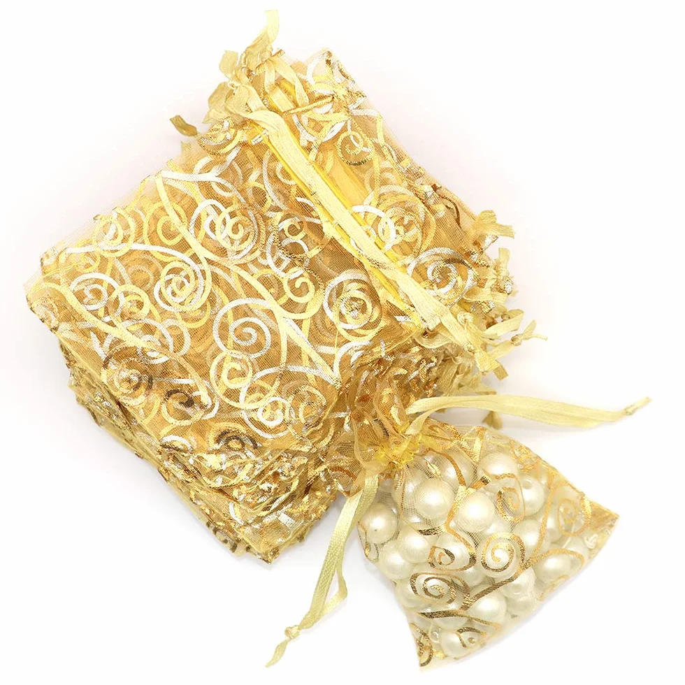STARUBY Lot de 100 sachets en organza 8x10cm, sacs à cordon pour bijoux, imprimés rotin mariage Noël