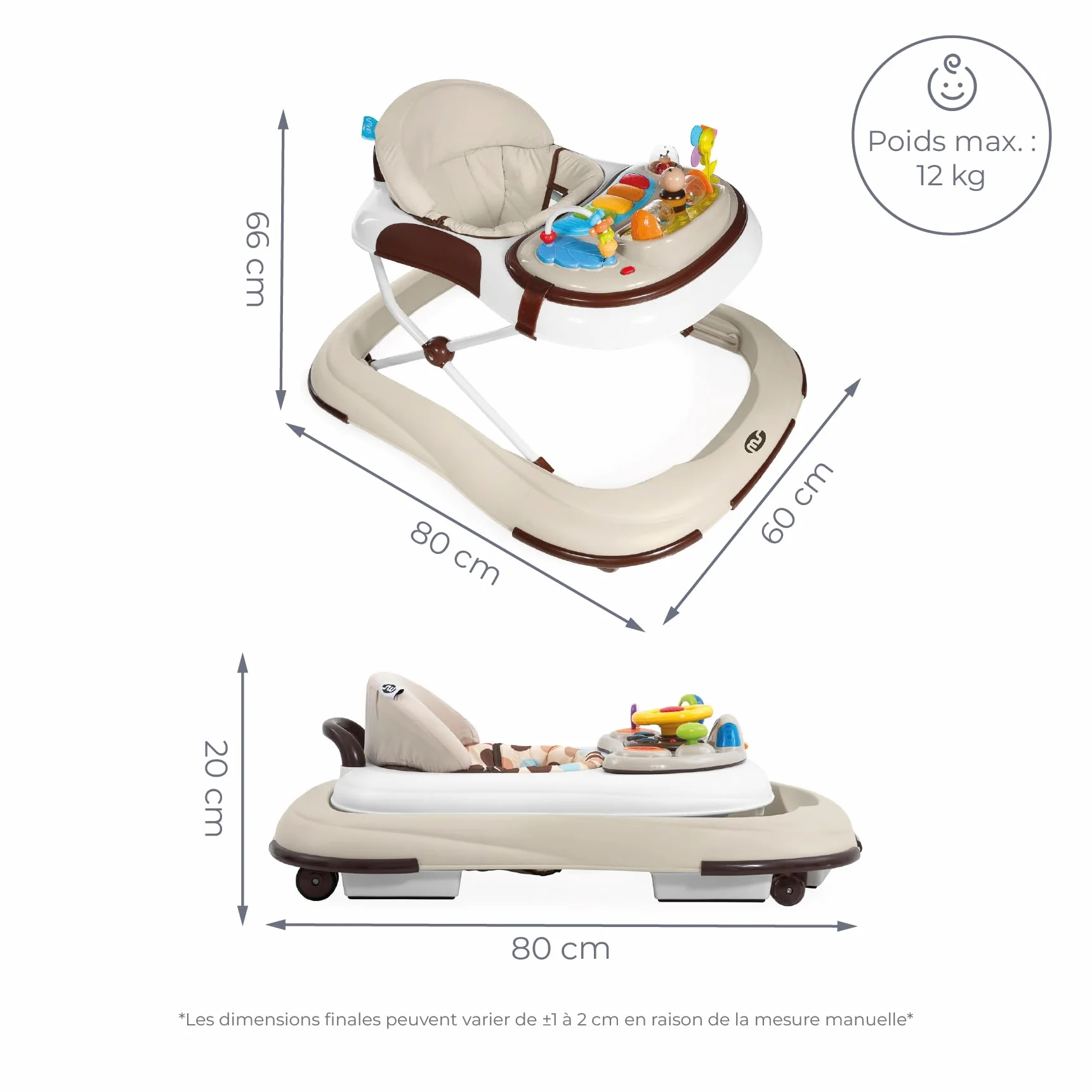 Trotteur BASIC PLUS pour bébé avec plateau de jeux interactif, sons, roues silicone, 3 hauteurs
