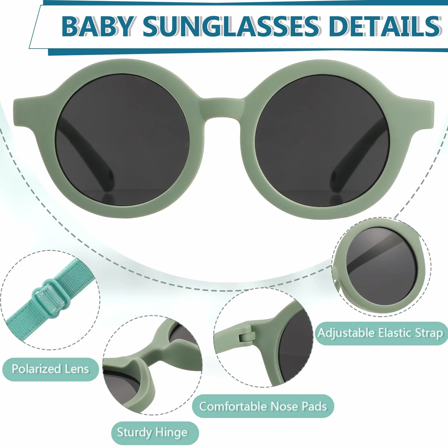 Lunette de Soleil Enfant Polarisées Anti UV400 Protection Flexible avec Sangle Réglable 0-2 Ans