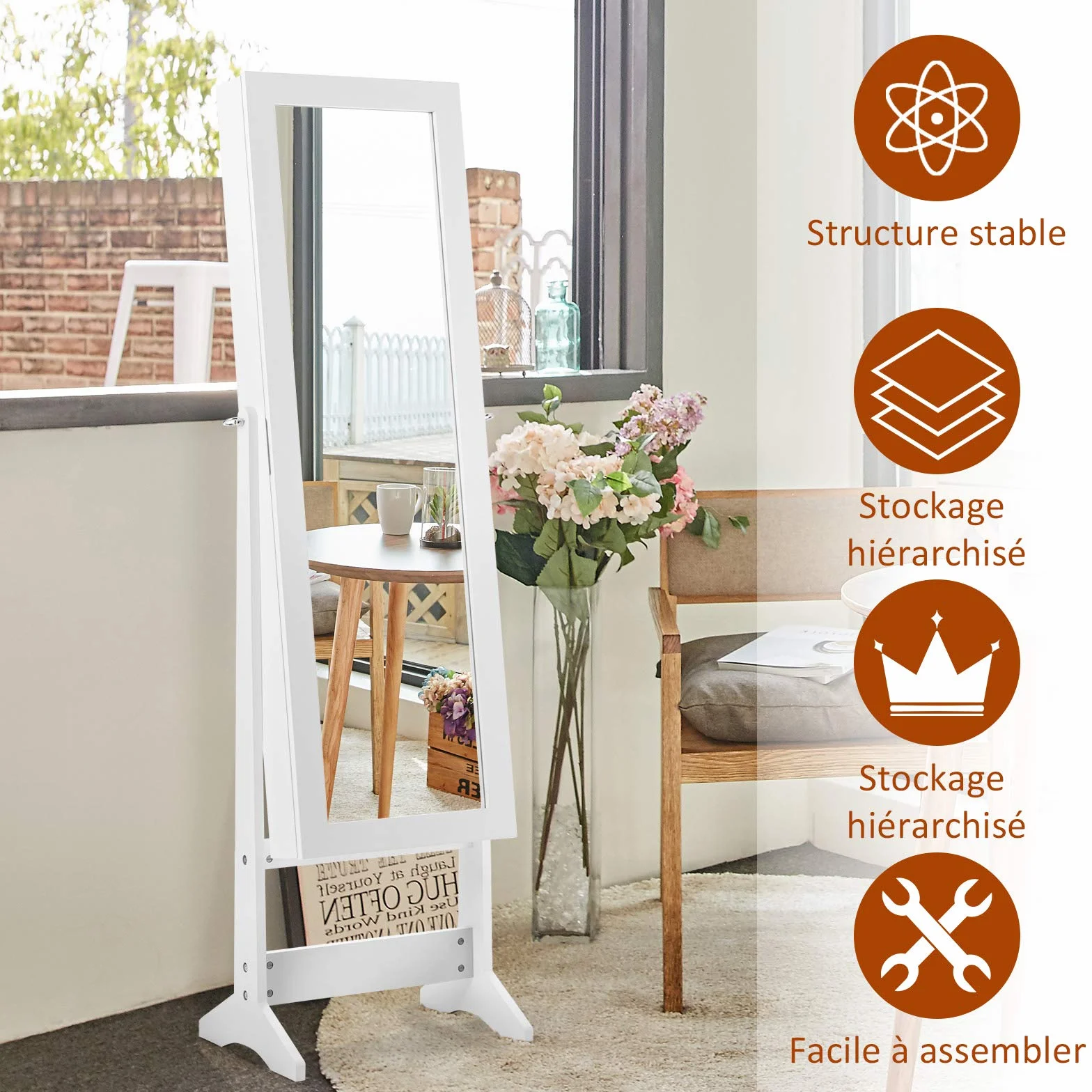 COSTWAY Armoire à bijoux sur Pied avec Miroir Psyché Coffre de Rangement Cosmétiques, 3 Positions Réglables, Blanc