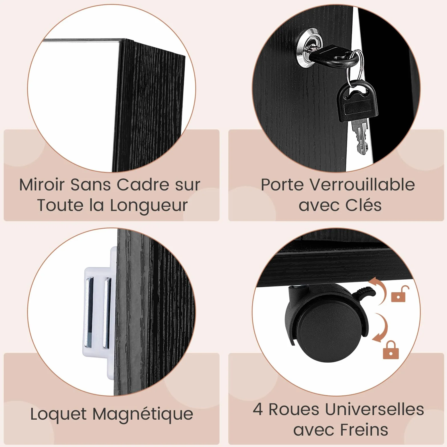 COSTWAY 3 en 1 Armoire à Bijoux sur Roulettes avec Miroir Psyché et Lumières LED, Verrouillable, Noir