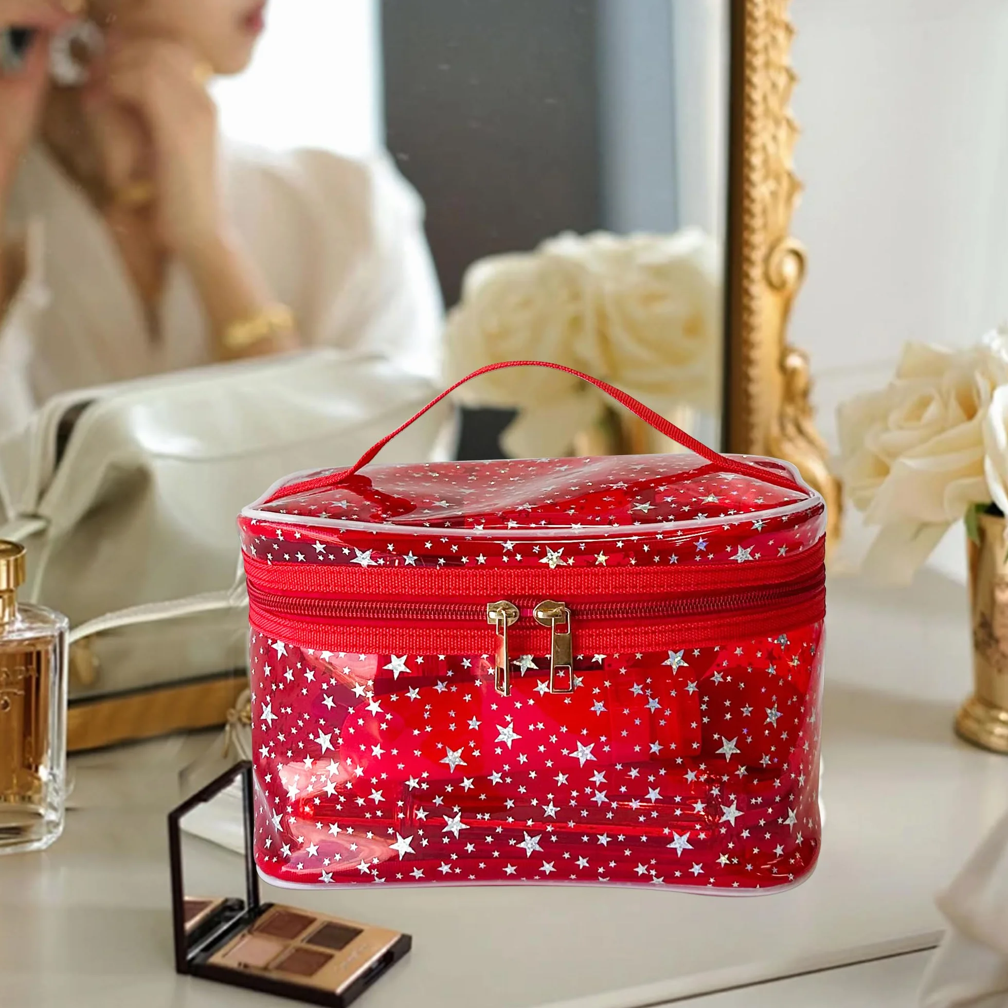 Trousse de maquillage en PVC étanche 22 x 14 x 14 cm Rose Motif étoilé Organiseur de voyage