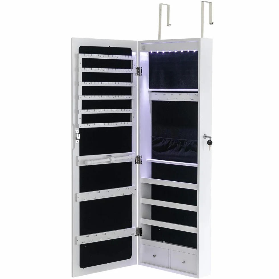 LEADZM Armoire à Bijoux avec Miroir, Meuble de Rangement Mural, Organisateur Verrouillable, Blanc Boisé