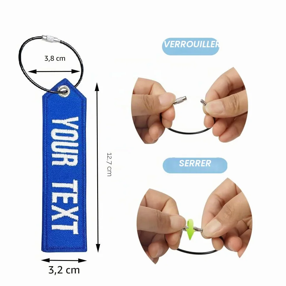 Étiquette de bagage personnalisée broderie double face avec porte-clés en acier inoxydable