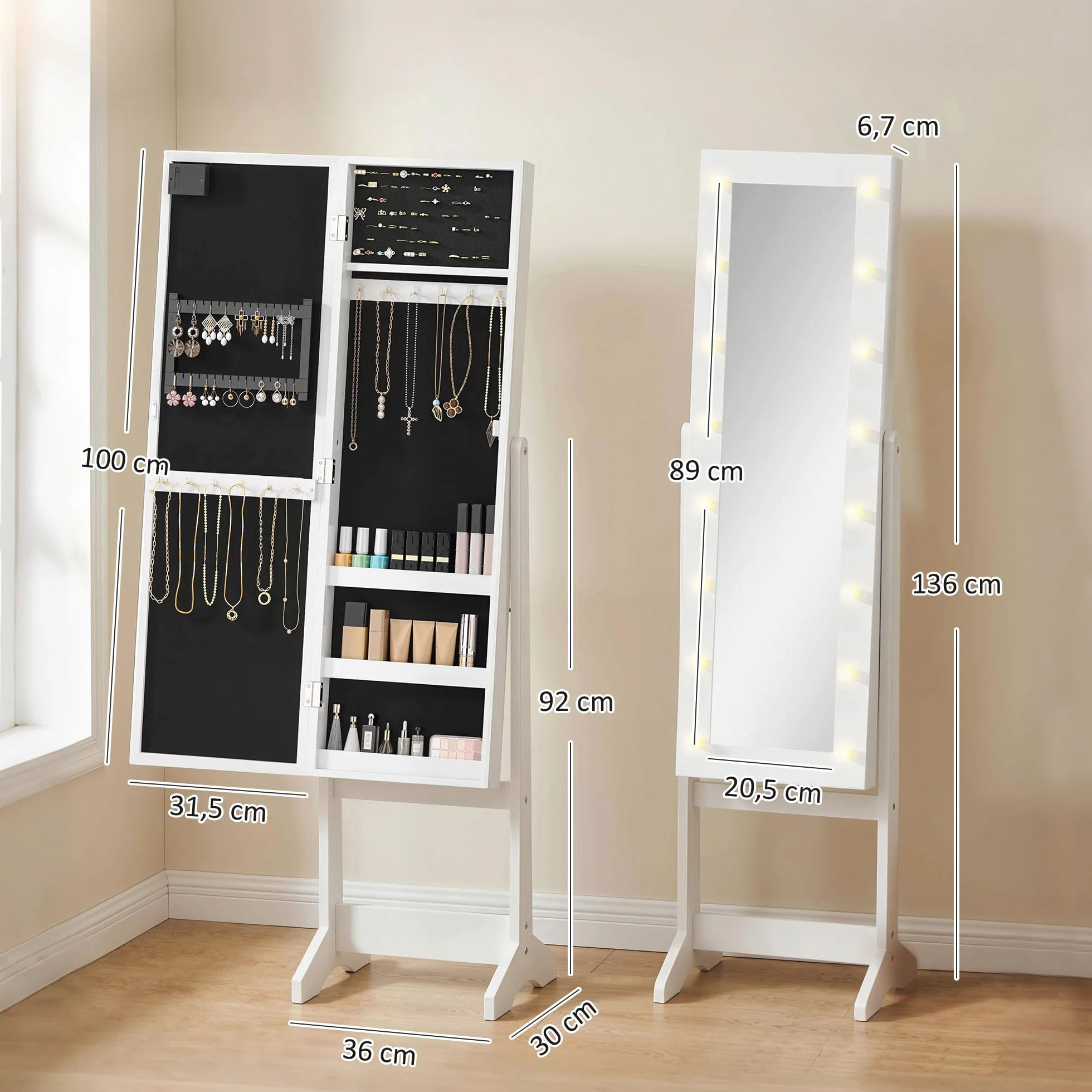 HOMCOM Armoire à bijoux avec miroir et éclairage LED blanc
