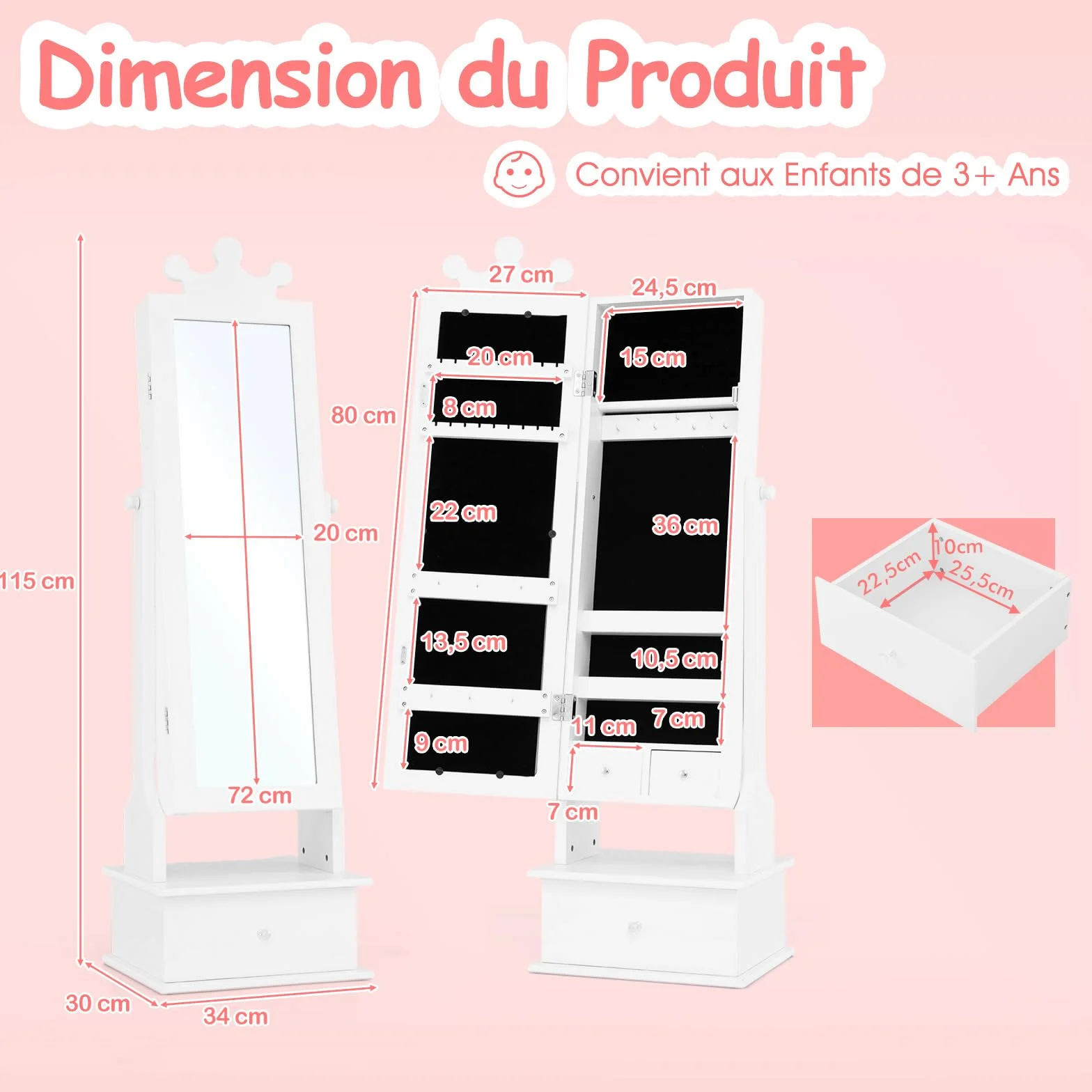 COSTWAY 2 en 1 Armoire à Bijoux Enfants avec Miroir, Organisateur Couronne 3 Tiroirs, Charge 10kg, Blanc