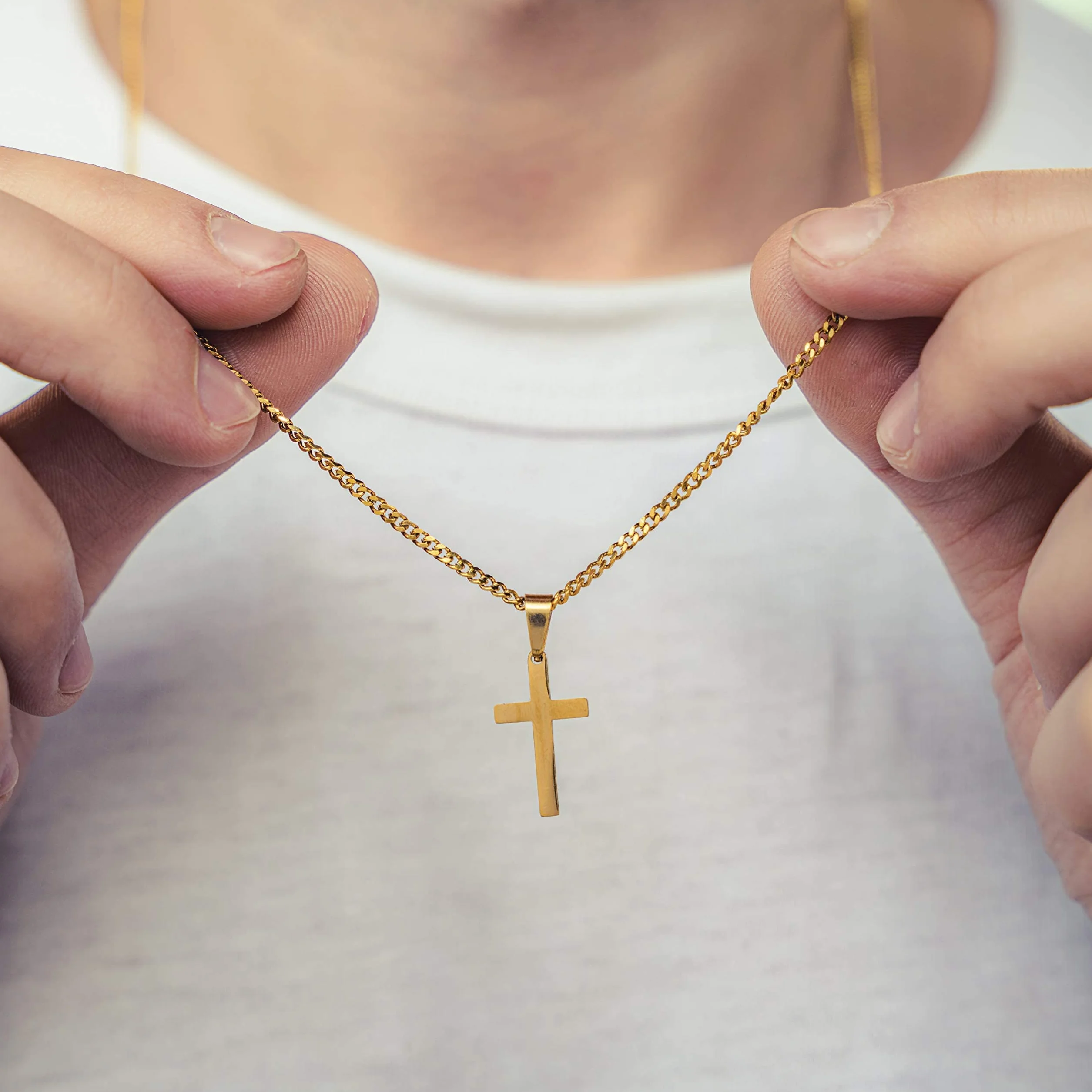 Chaîne en Or pour Homme 60 cm Acier Inoxydable Collier Pendentif Croix Artisanale