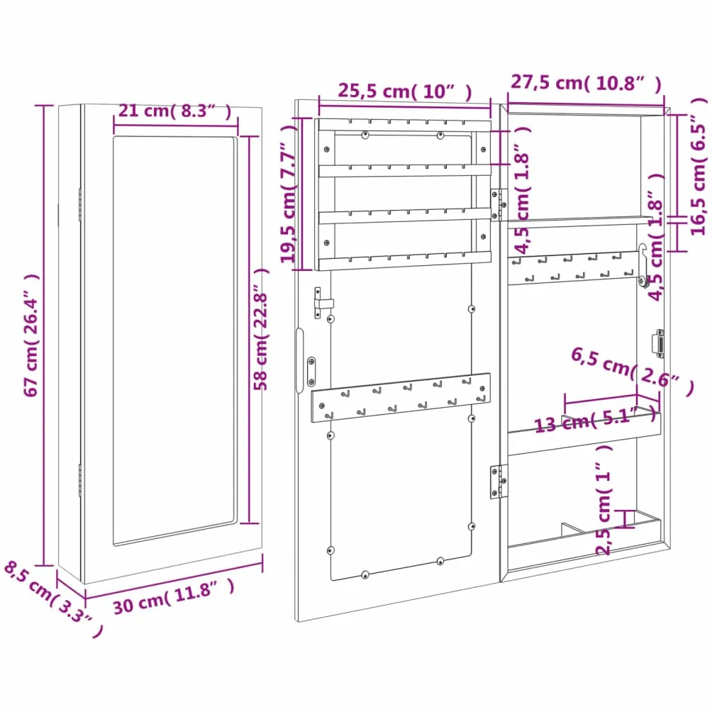 Armoire à bijoux avec miroir murale 30 x 8,5 x 67 cm