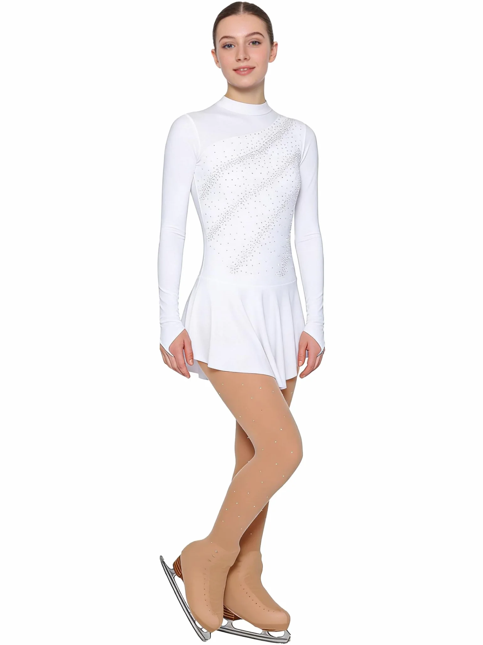 Justaucorps Patinage Artistique Femme Manches Longues Strass avec Collant Patin à Glace Roller