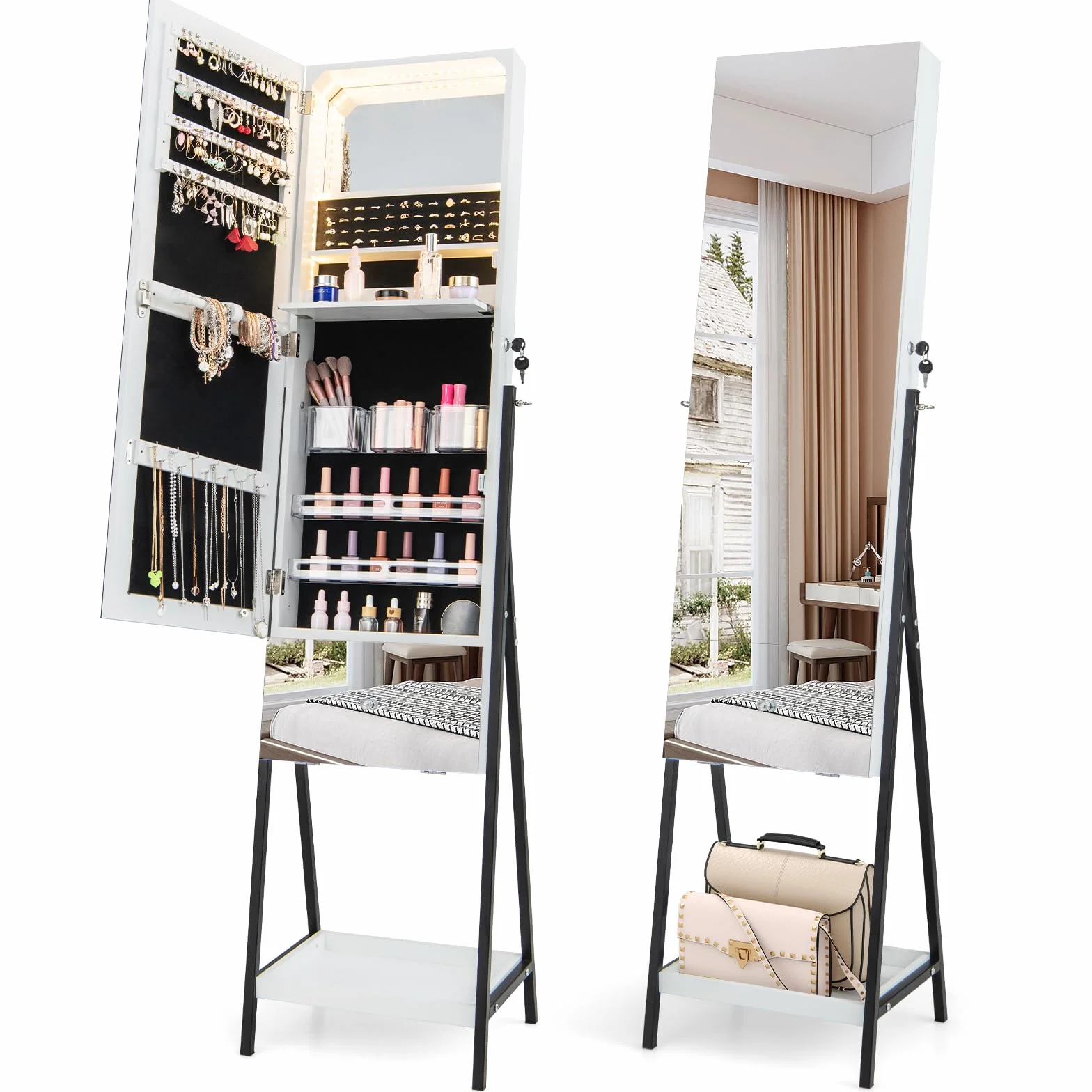 COSTWAY Armoire à Bijoux avec Miroir et Tiroir sur Pieds, Miroir Psyché HD sans Cadre, Verrouillable, Lumières LED 3 Couleurs, Blanc