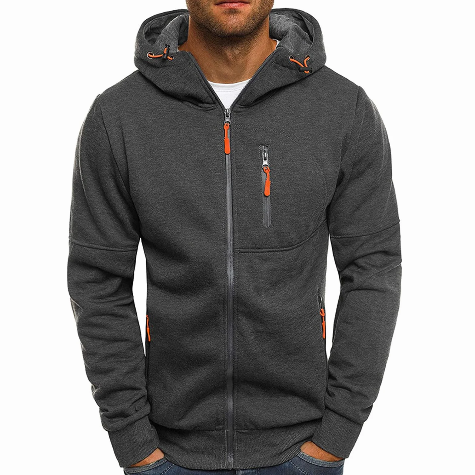 Sweats à Capuche Hommes Zippé Chaud Veste Sport Léger Respirant Hoodie Pull Manches Longues Couleur Unie Sportswear Poche Grande Taille