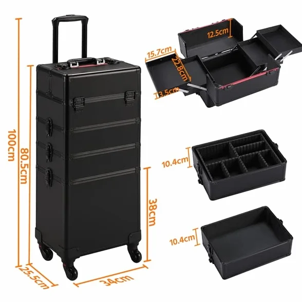 Valise Maquillage Professionnelle 4 en 1 à roulettes, Pivotante 360°, Noir
