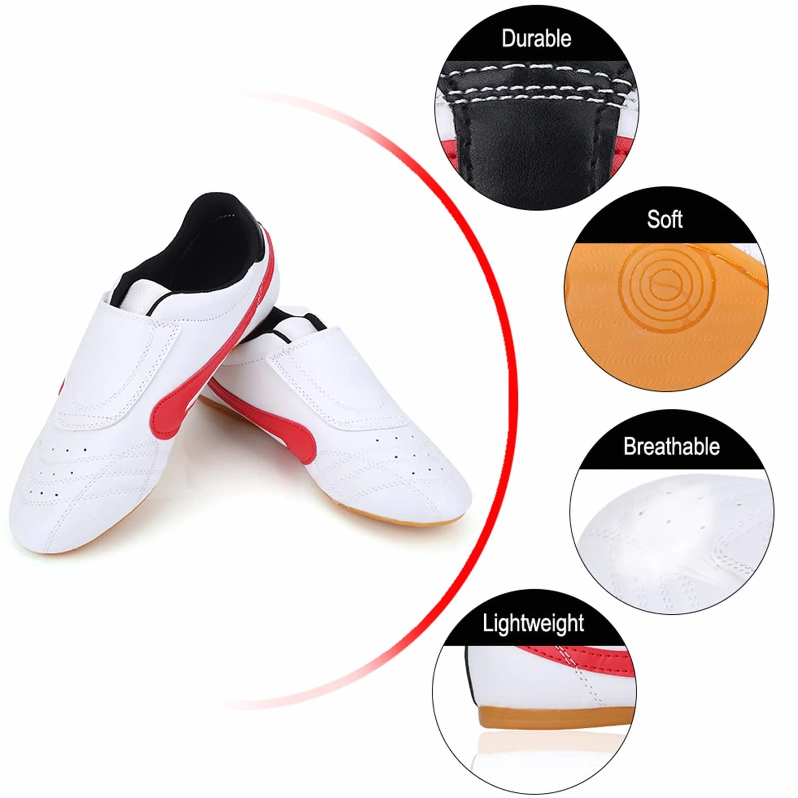 Chaussures de Taekwondo Unisexe Respirant Boxe Kung Fu Tai Chi Sport Légères pour Enfants Adultes 35 Blanc Rouge