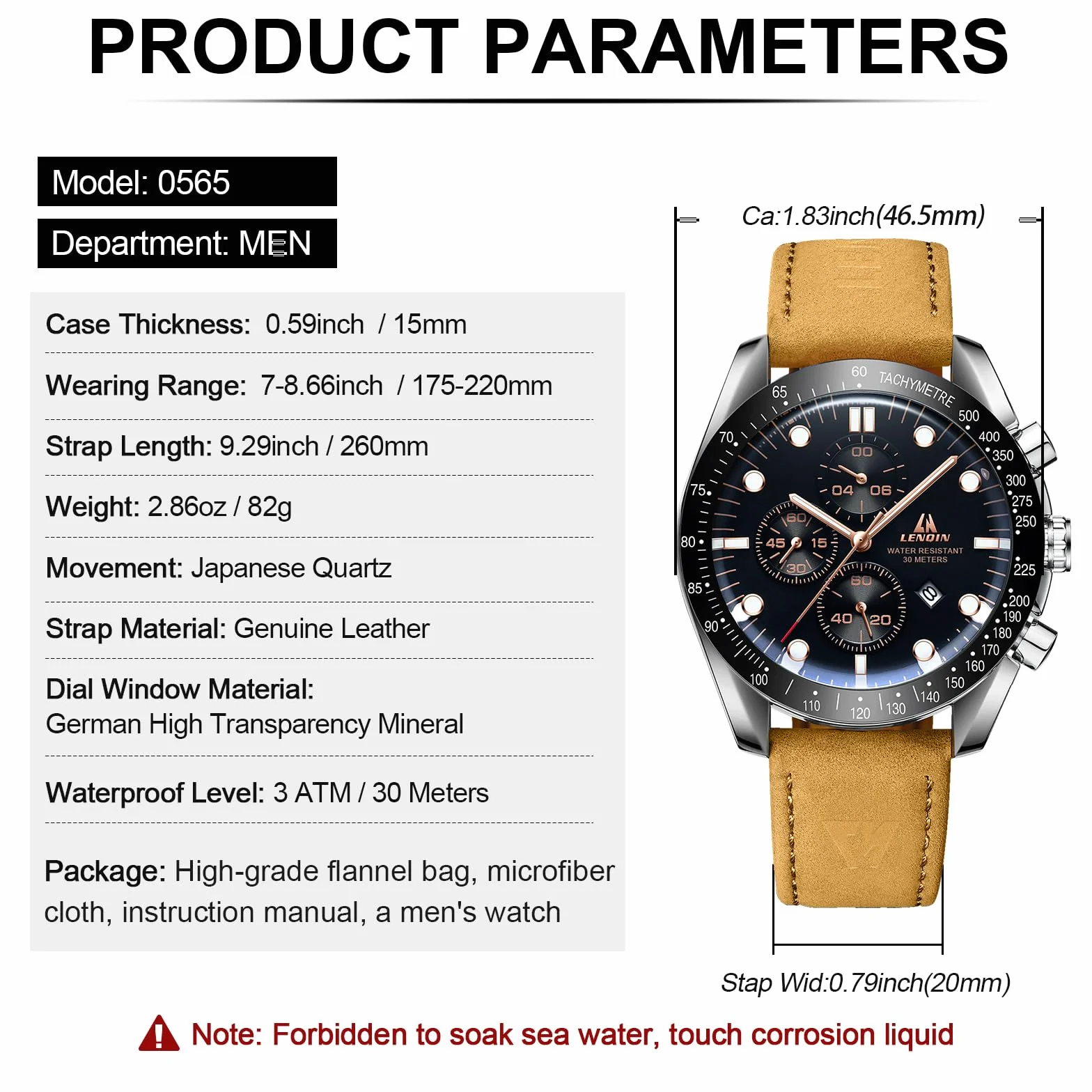 LN LENQIN Montre Homme Quartz Analogique 30m Étanche Cuir Montre d'Affaires