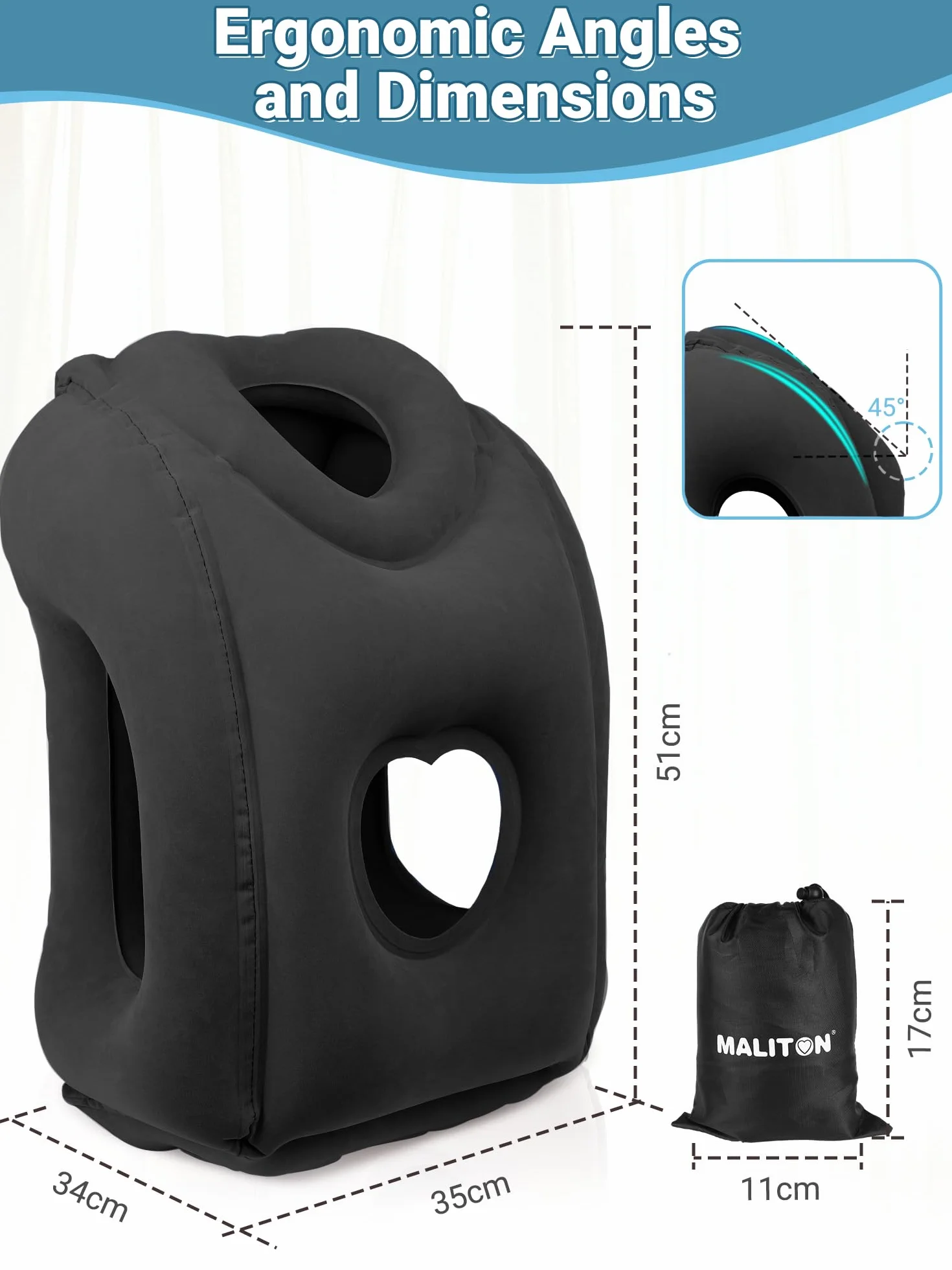 Oreiller de Voyage Gonflable Maliton avec Support d'appui-tête, Coussin Pliable pour Avion, Train, Maison ou Bureau - Noir