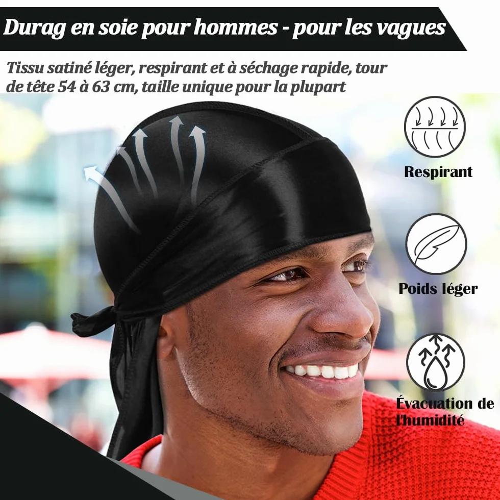 Lot de 6 Durags en Satin pour Hommes avec Longue Queue et Larges Bandes