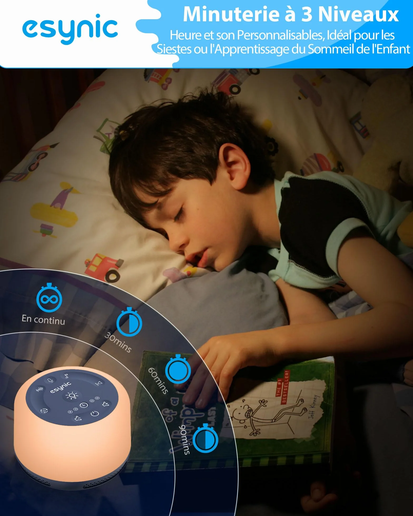 eSynic Machine à Bruit Blanc Portable pour Bébé avec 30 Sons Relaxants, Veilleuse Réglable, Minuterie, Batterie Intégrée (Bleu)