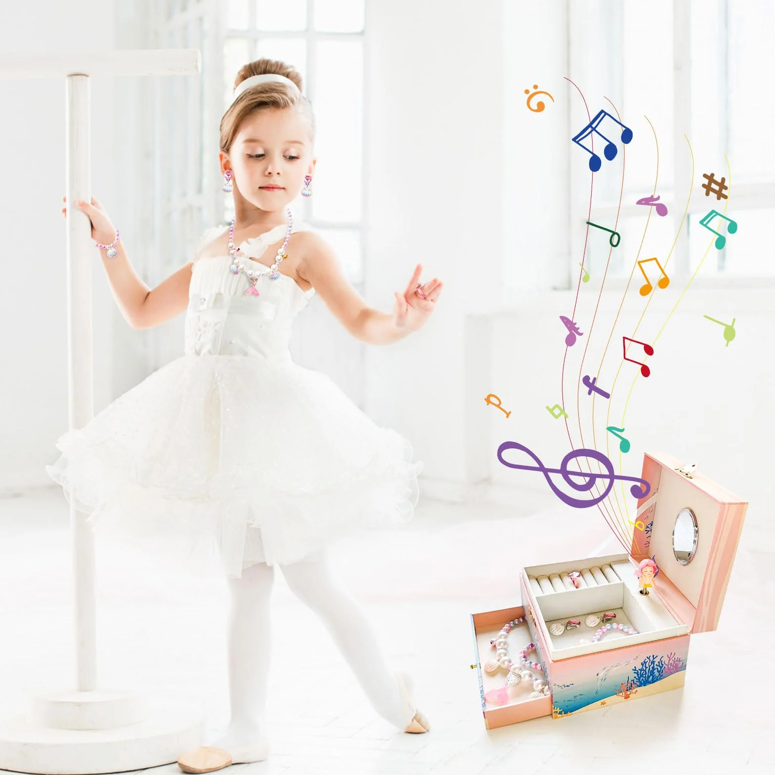 KOMABLEN Sirène Boîte à Bijoux Fille avec Miroir, Boîte à Musique Enfant 4 Parure de Bijoux et Protege Angle Cadeau Anniversaire 3-10 ans