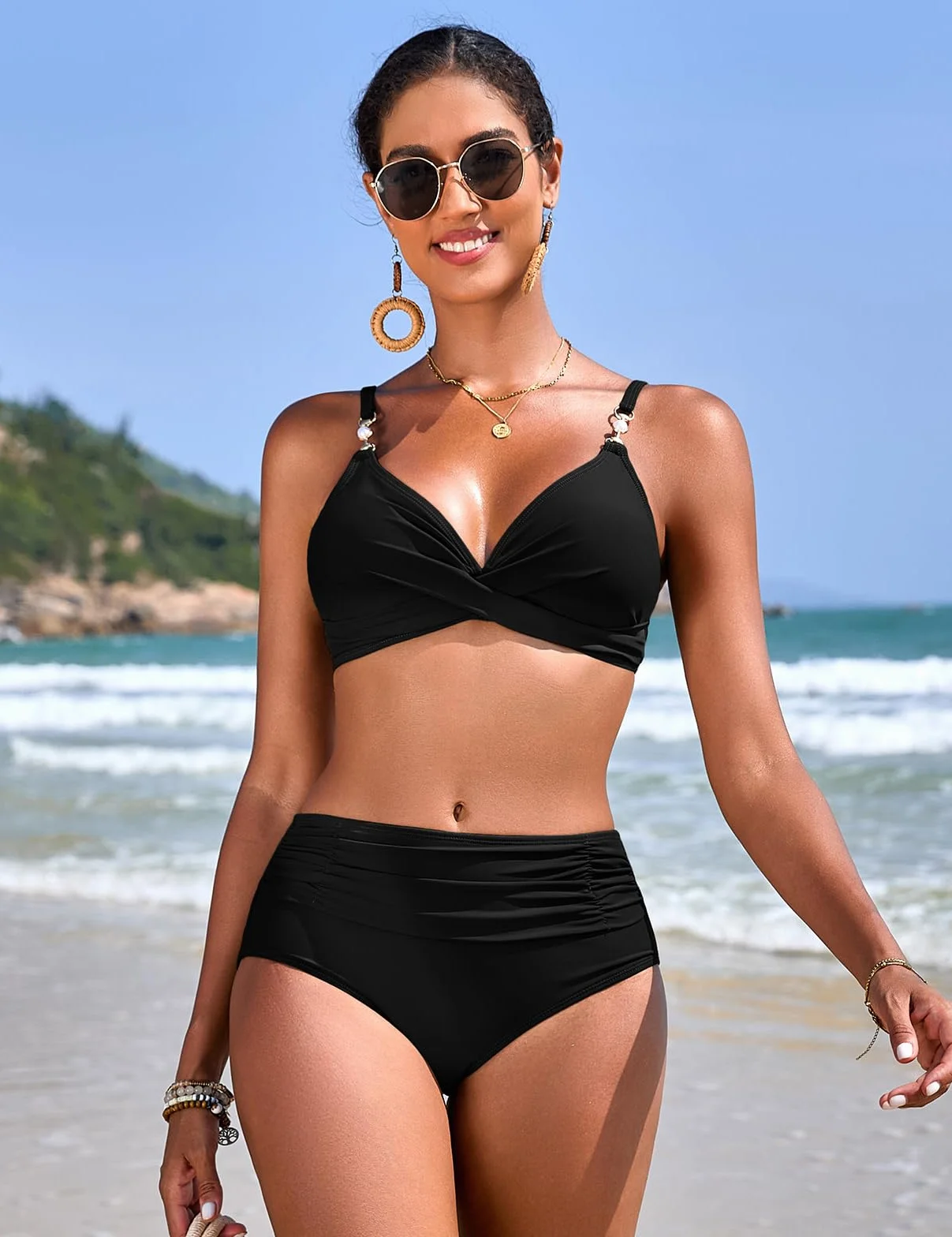 Nadeer Maillot De Bain Femme 2 Pièces Torsadé Taille Haute Bikini Col en V Contrôle du Ventre