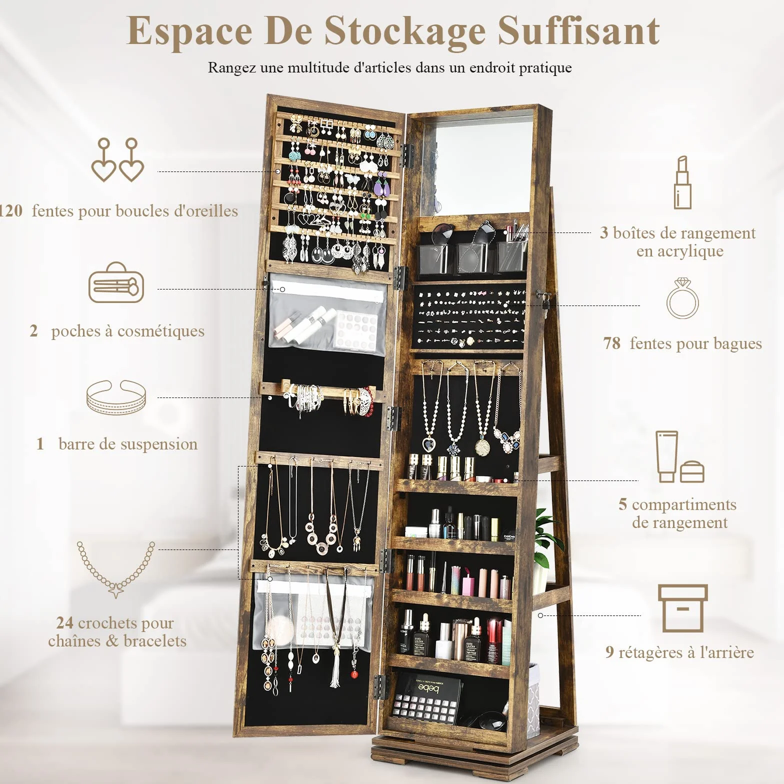 RELAX4LIFE Armoire à Bijoux Pivotante 360º avec Miroir sur Pieds, Verrouillable à Clés, 3 Étagères, Marron Rustique
