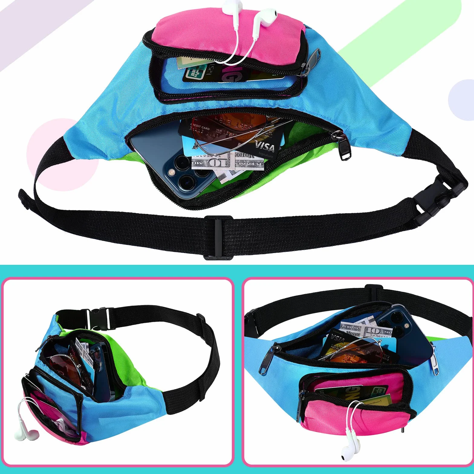 Sac Banane rétro années 80 2 poches mains libres femme homme enfant