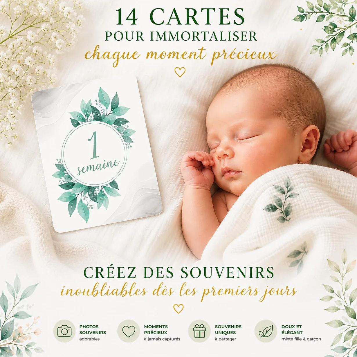Cartes Étape Bébé Floral Vert – 14 Cartes Souvenir Mois par Mois – Cadeau Naissance Original