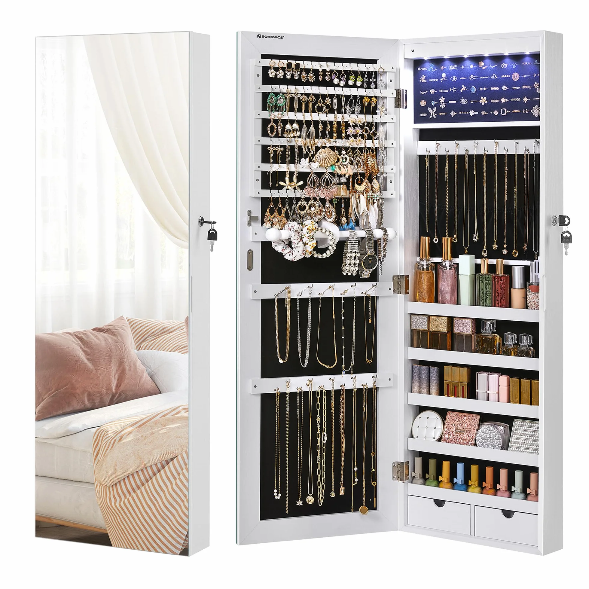 SONGMICS Armoire à Bijoux avec Miroir Long, 6 Lampes LED, 2 Tiroirs, Blanc JJC99WT