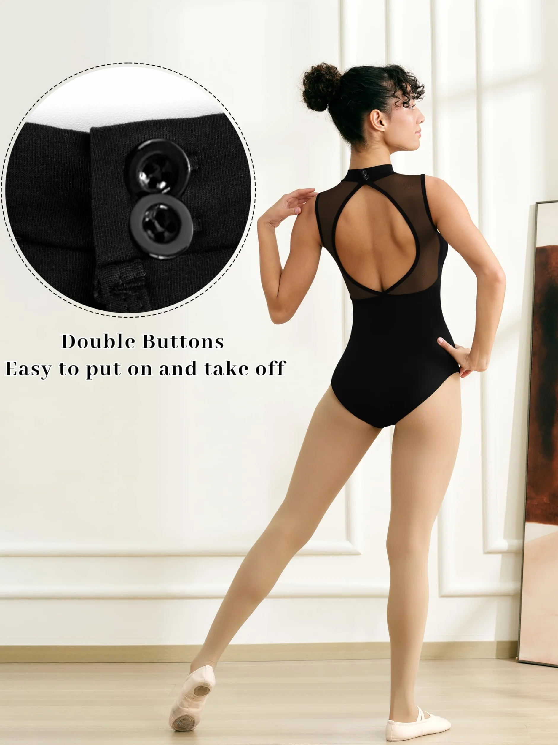 Justaucorps de ballet col montant femme panneaux maille asymétriques découpe dos profond