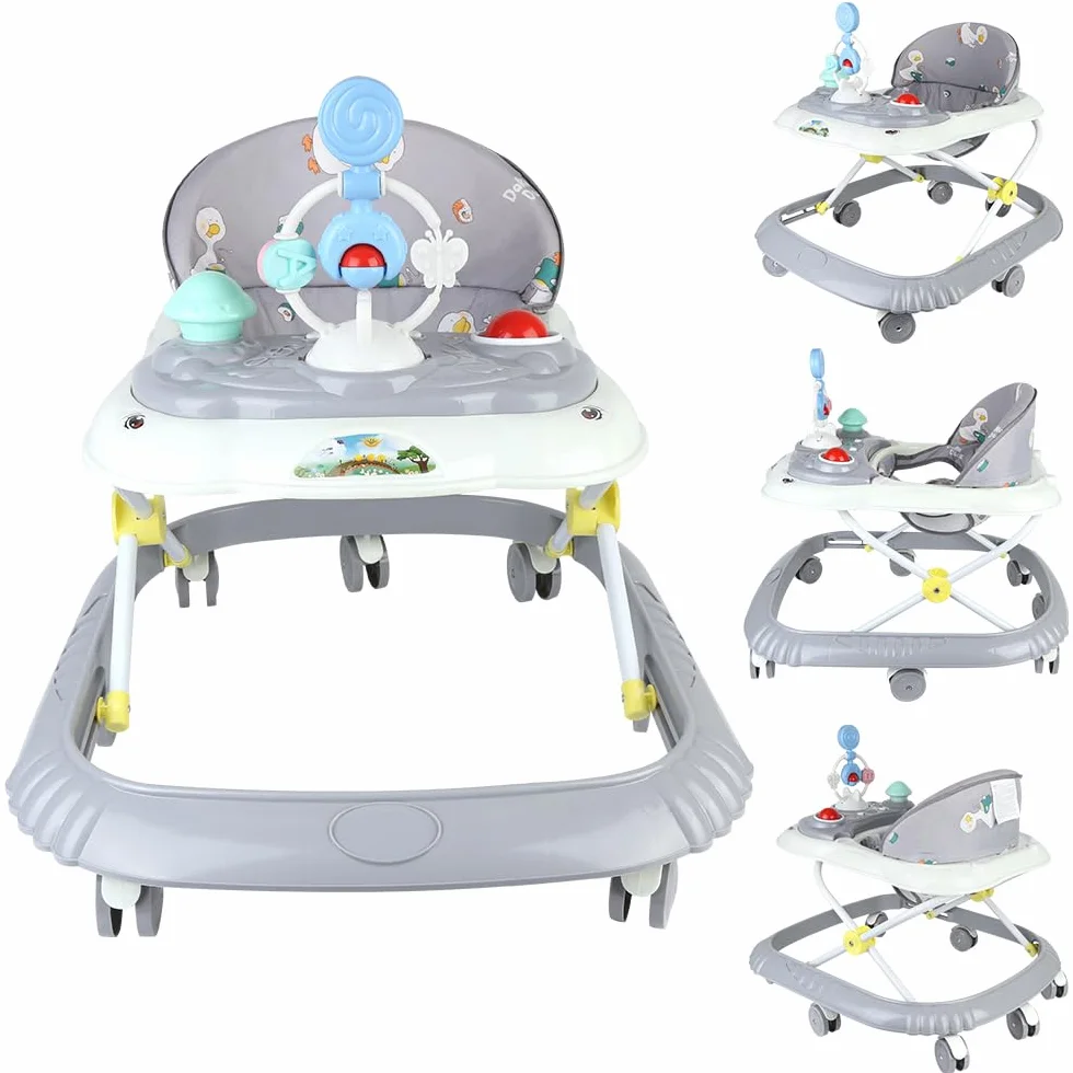 Trotteur Bébé Pliable avec Plateau Musical Réglable en Hauteur, 4 Niveaux, Coussin Amovible et Lavable, 58x55x65 cm Gris