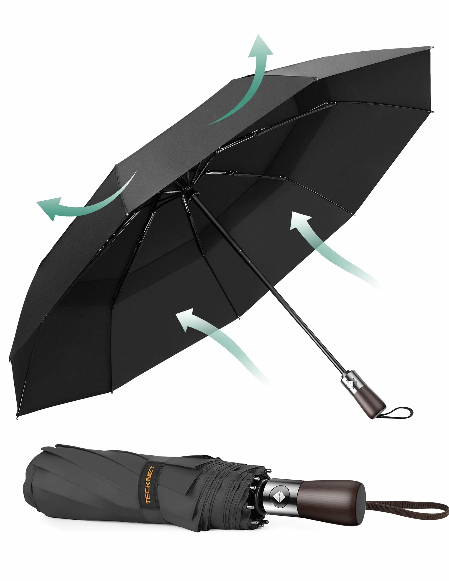 TECKNET Parapluie Pliant Automatique Compact Homme Voyage Revêtement Téflon 210T Anti-Tempête Double Toit Coupe-Vent Poignée Bois Véritable