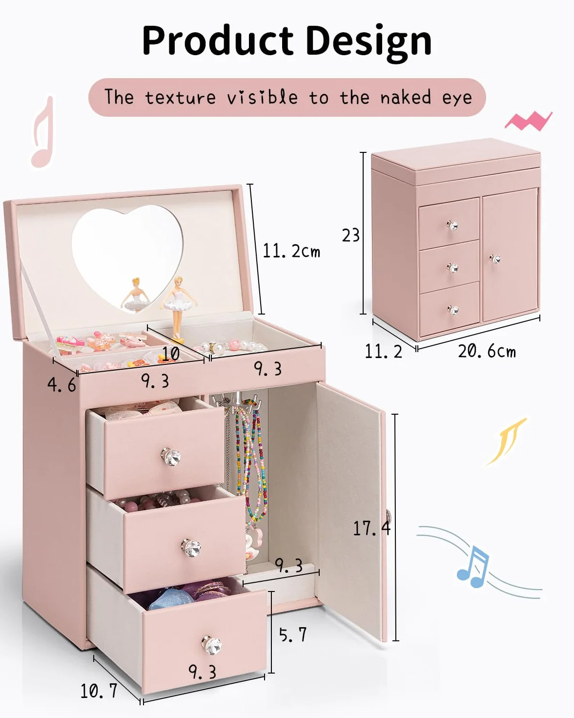 VLANDO Boîte à bijoux musicale pour filles, grande boîte à musique avec ballerine, 4 étages