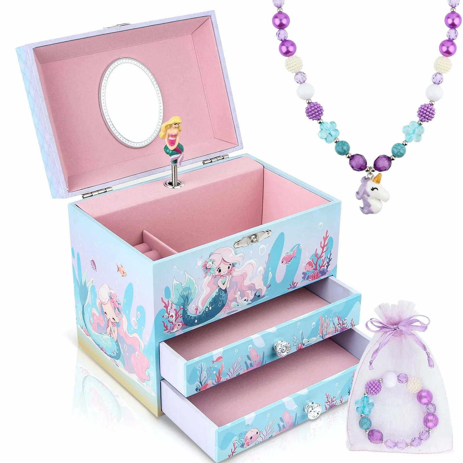 Boîte à Bijoux Musicale Ballerine 2 Tiroirs Sirène Bleue Cadeau Enfants 3-10 Ans