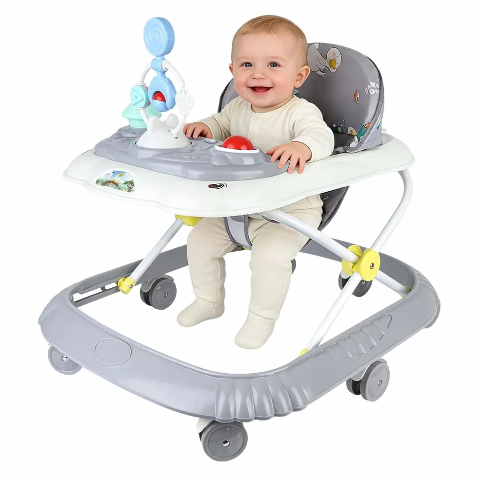Trotteur Bébé 4 en 1 Pliable avec Plateau d'Activités Musical, 4 Hauteurs Réglables, Gris 58x55x65 cm