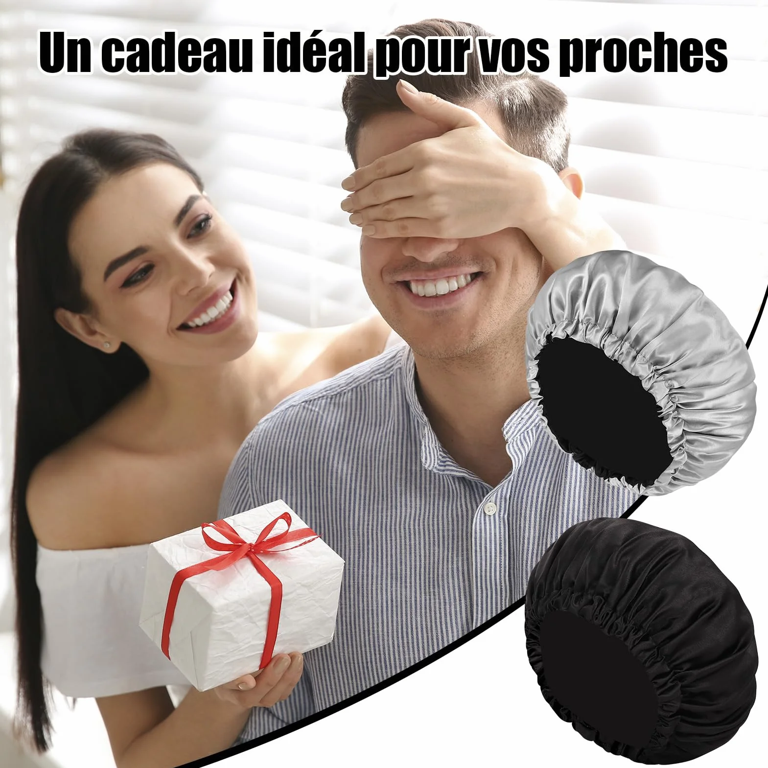 Bonnet en Satin pour Cheveux Nuit Homme Femme Respirant Ajustable Élastique Antidérapant, Bleu + Argent/Noir + Gris