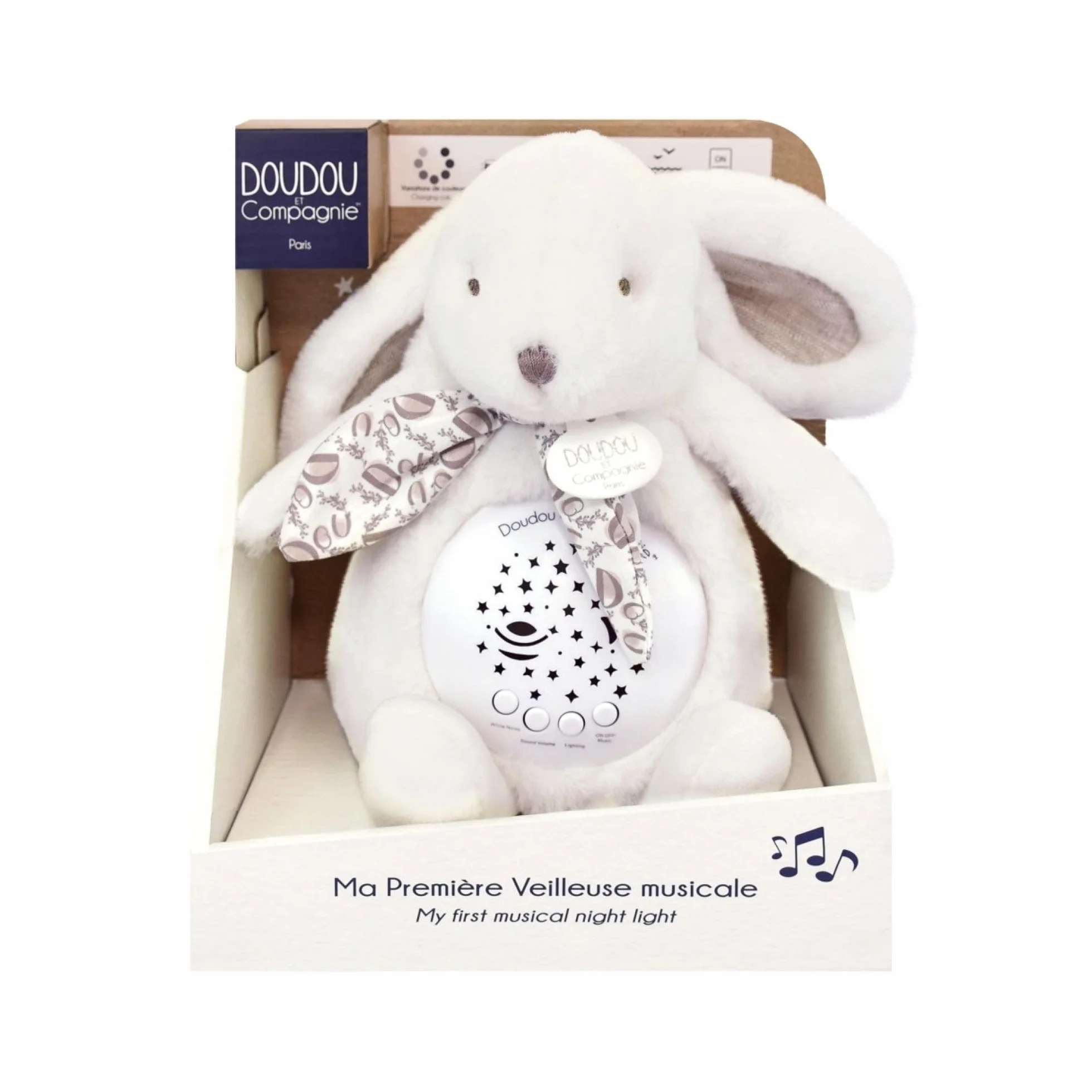 Veilleuse Musicale Lapin blanc avec Projection d’Étoiles – Doudou Peluche Bébé – Cadeau Naissance DC4202