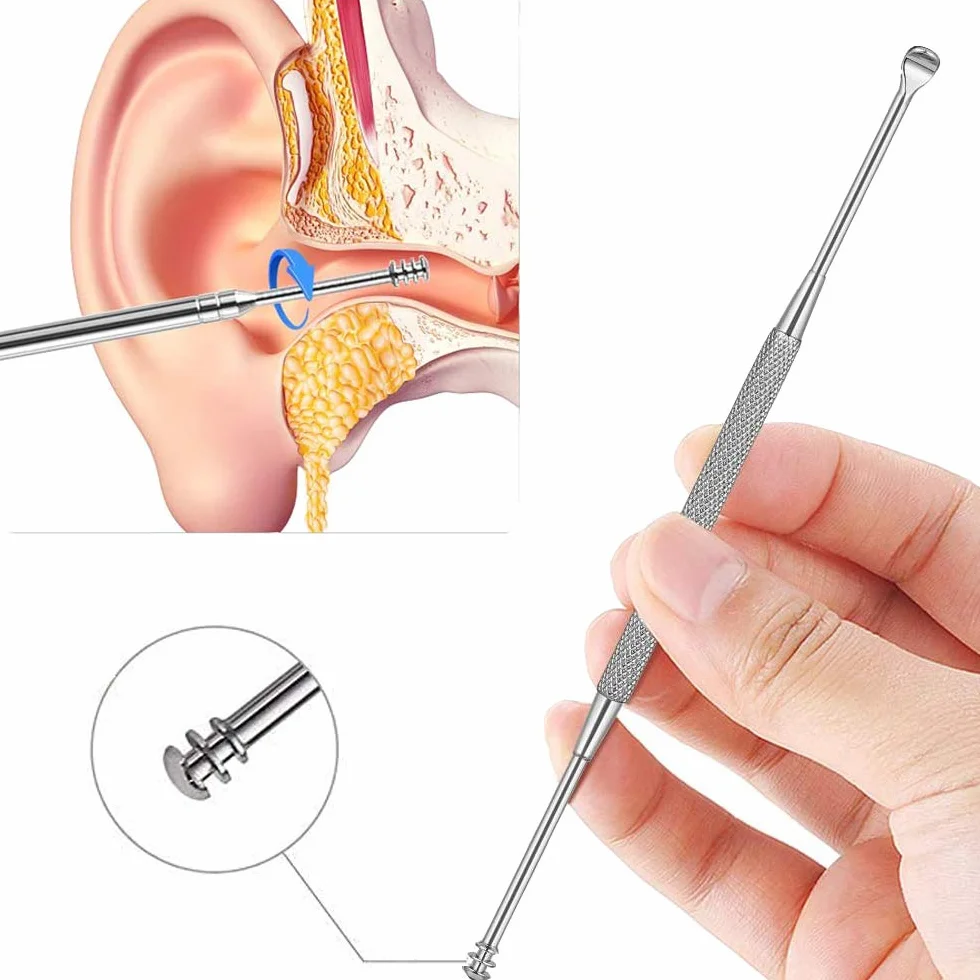 Nettoyeur D'oreille, 6 Pcs Cuillère à Oreille en Acier Inoxydable, Kit de Nettoyeur D'oreilles