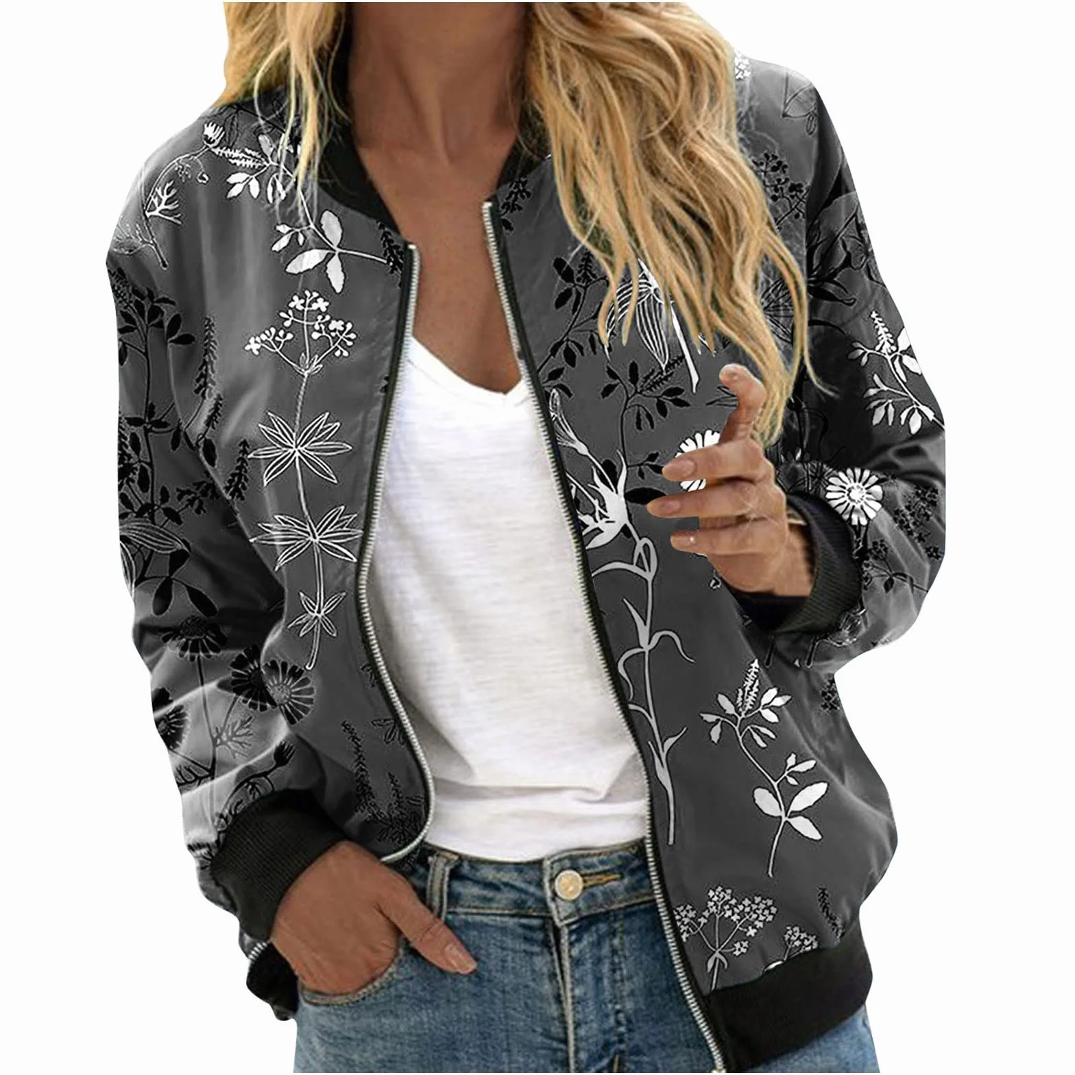Veste Bomber Femme Fleurie Blouson Printemps Chic Manches Longues Zippé Léger Courte Imprimé Fleur Casual Baseball