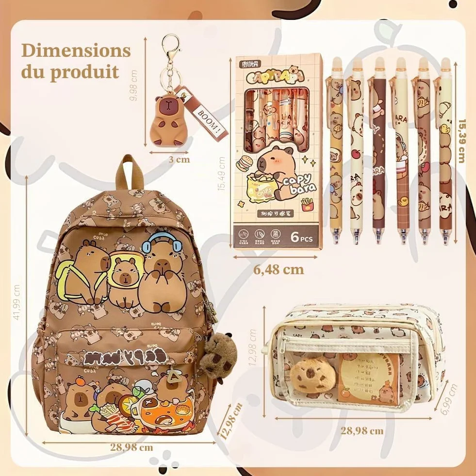 Capybara Schoolbag Cartoon Sac à Dos Scolaire Grande Capacité Kawaii with Federmäppchen, Porte-Clés & Pen Set