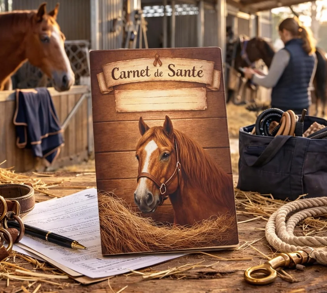 Protège Carnet de Santé Cheval en Gomme Expansée – Porte Passeport Cheval & Livret Signalétique – Fond Bois