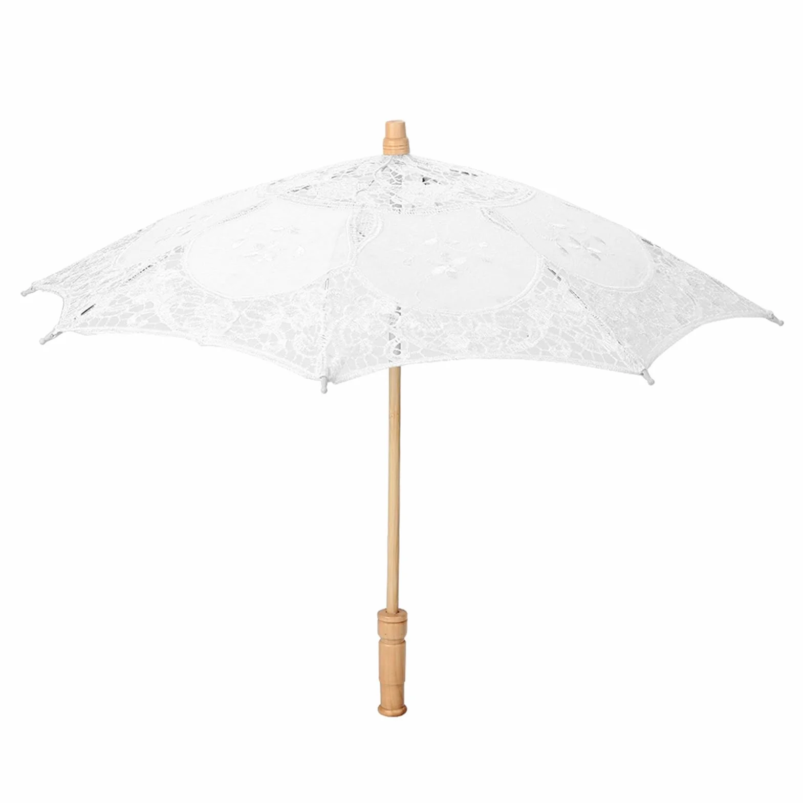 Parapluie de Mariée en Dentelle avec Manche en Bois, Broderie Fleurs Faite à la Main (L)