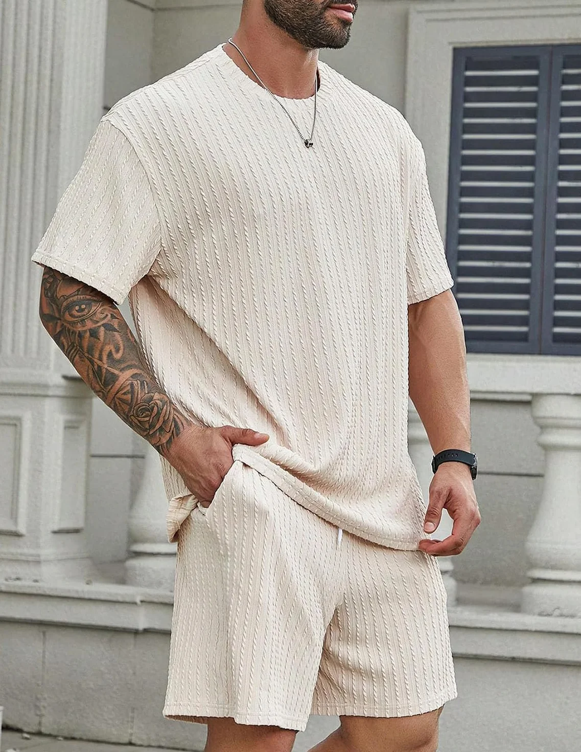 Survêtement Homme Jogging 2 Pièces Tracksuit T-shirt Short Vacances Plage