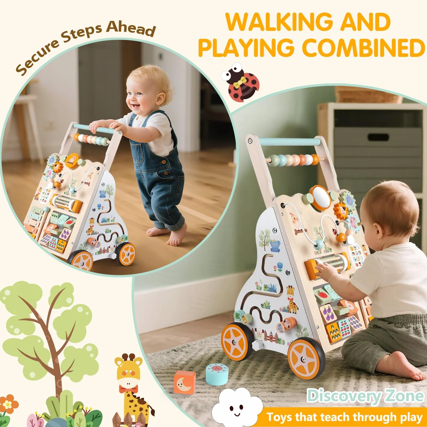 Chariot de Marche en Bois Montessori pour Bébé – Trotteur avec Centre d’Activités – Hauteur et Vitesse Réglables – 12 Mois+