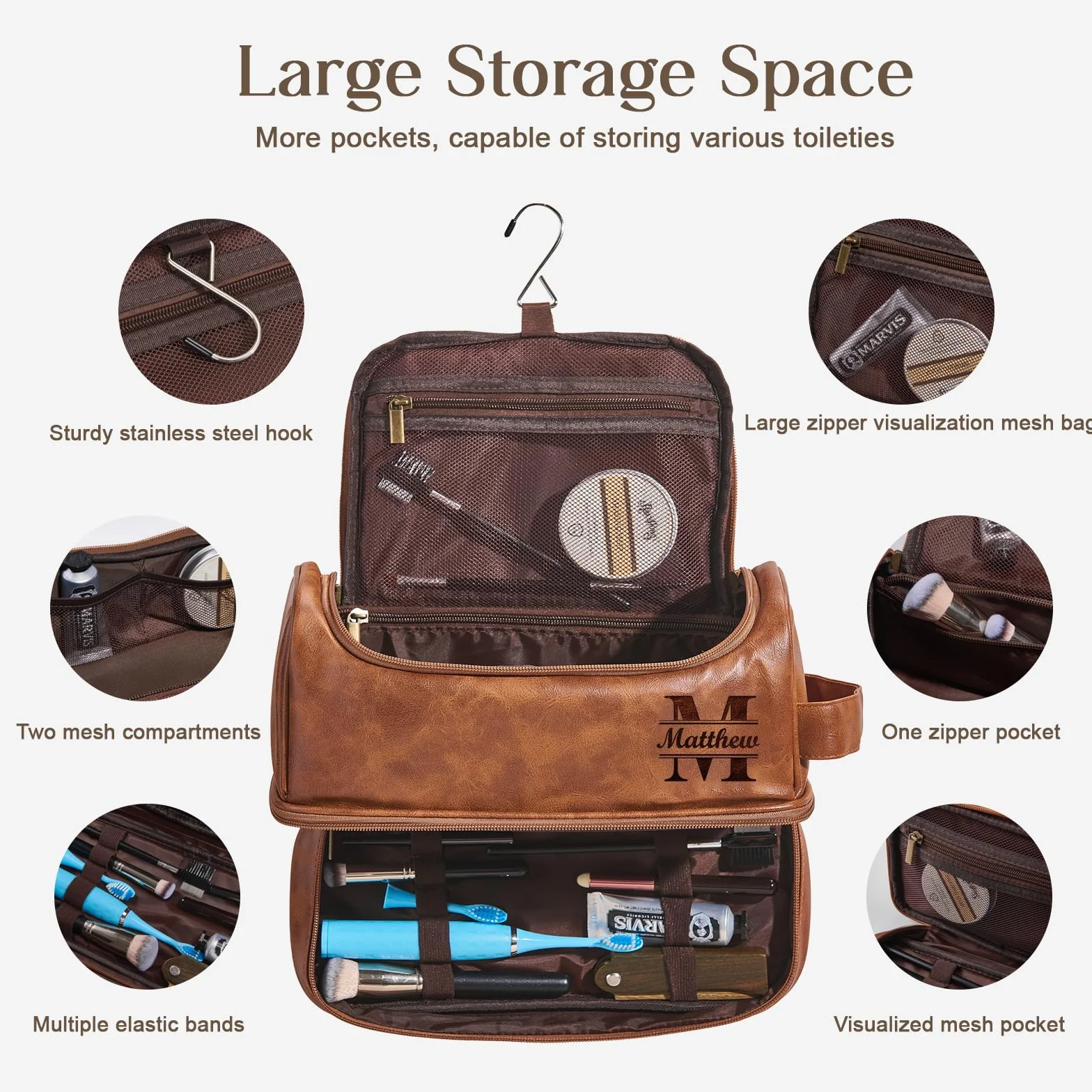 Grand sac de toilette en cuir PU 3-en-1 personnalisé pour hommes avec monogramme gravé au laser