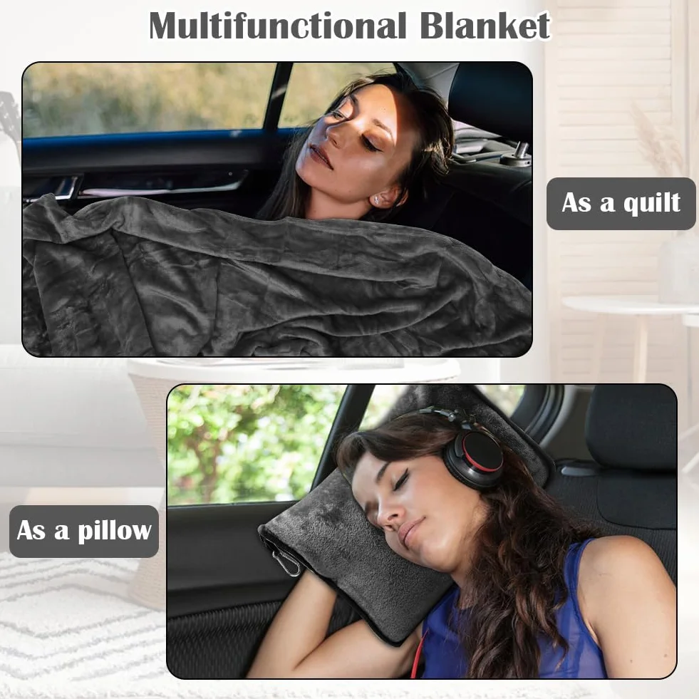 Couverture de Voyage Avion 2 en 1 avec Coussin, Bagages et Clip, Douce et Chaude, 127x152cm, Noir