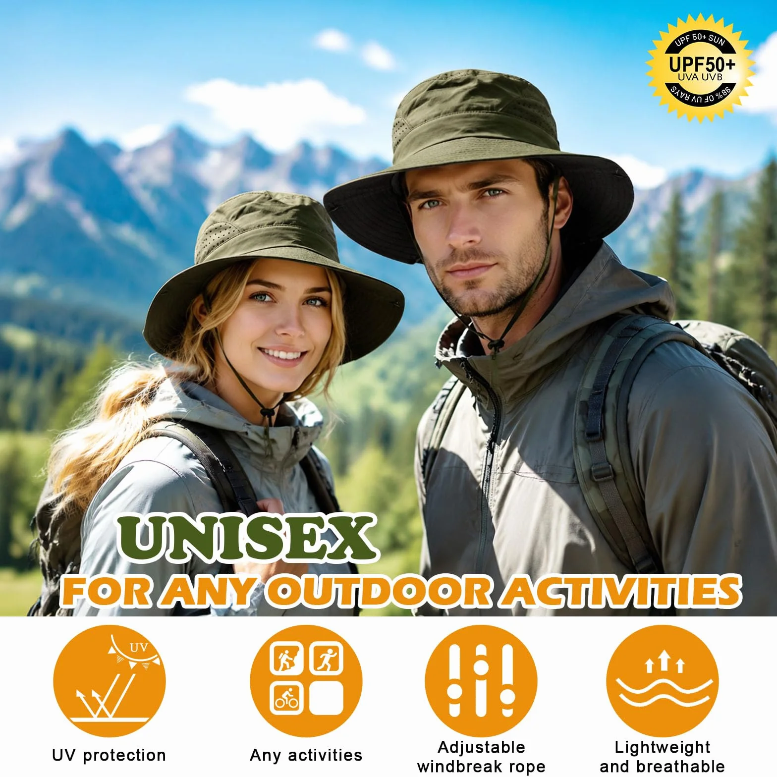 Bucket Hat UPF 50+ Imperméable Léger Large Bord Chapeau de Soleil Respirant Séchage Rapide