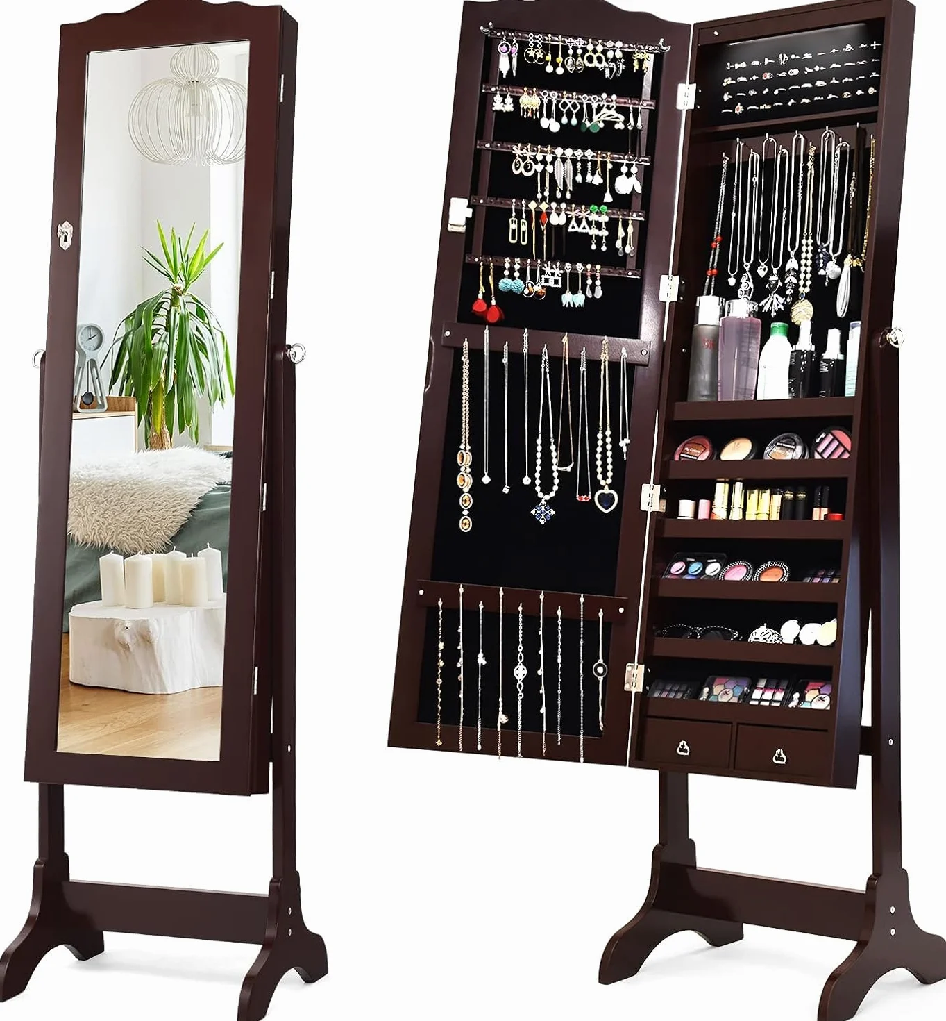 GOPLUS Armoire à Bijoux avec Miroir, 2 en 1, 14 Lumières LED, 6 Étagères, Meuble Bijoux Verrouillable en Bois, Brun