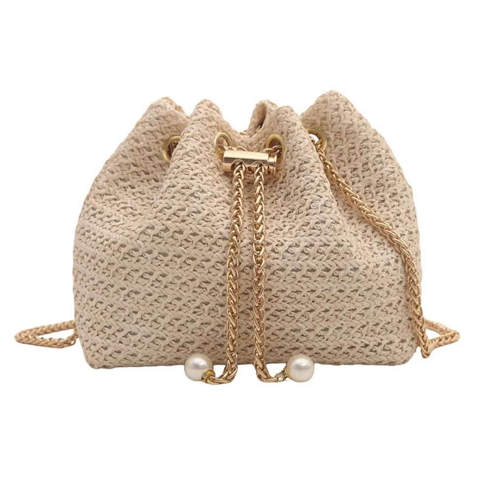 Sac à Main Femme Pochette en Paille Tissée Plage d'Été Sac à Bandoulière Chaîne Métal
