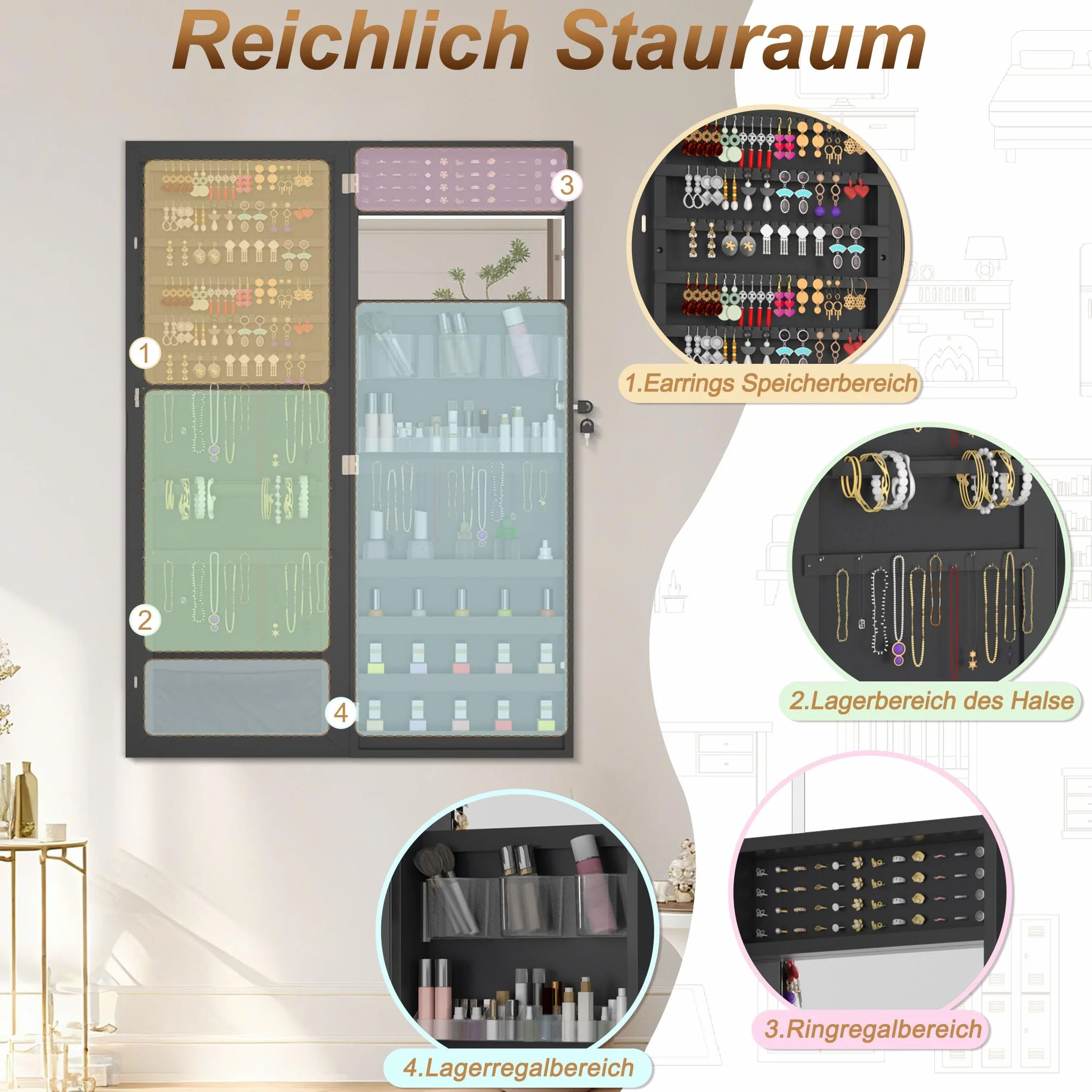 Armoire à bijoux avec miroir murale 2 en 1 107,5 x 36,5 x 9,5 cm Noir